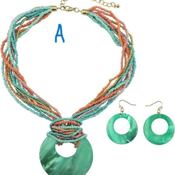 New Multi Strand  Colorful Beaded Necklace with Big Circle Shell Pendant - Picture 2 of 8